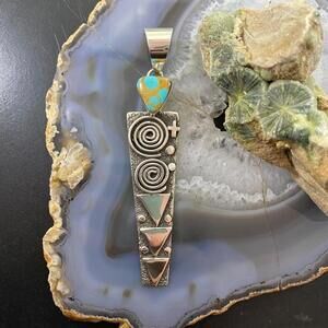 Alex Sanchez Sterling Silver Turquoise Petroglyph Long Unisex Pendant